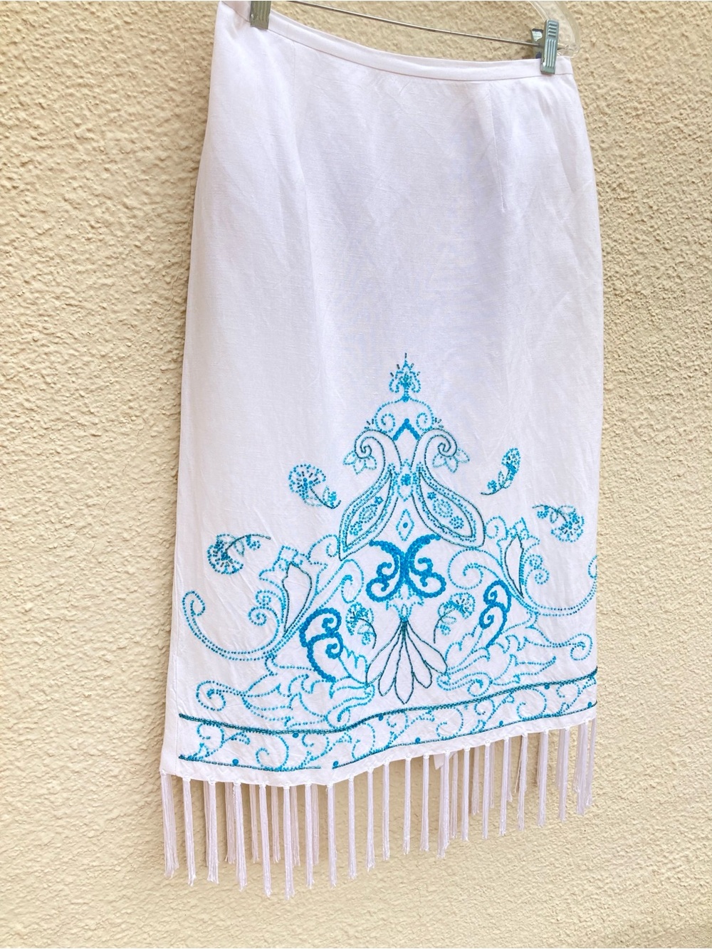 White Linen Blend Turquoise Beaded Skirt with Fringe